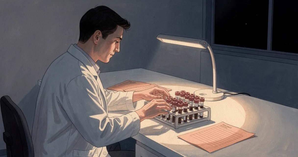 A laboratory technician sorting capped blood-sample tubes at an overnight bench